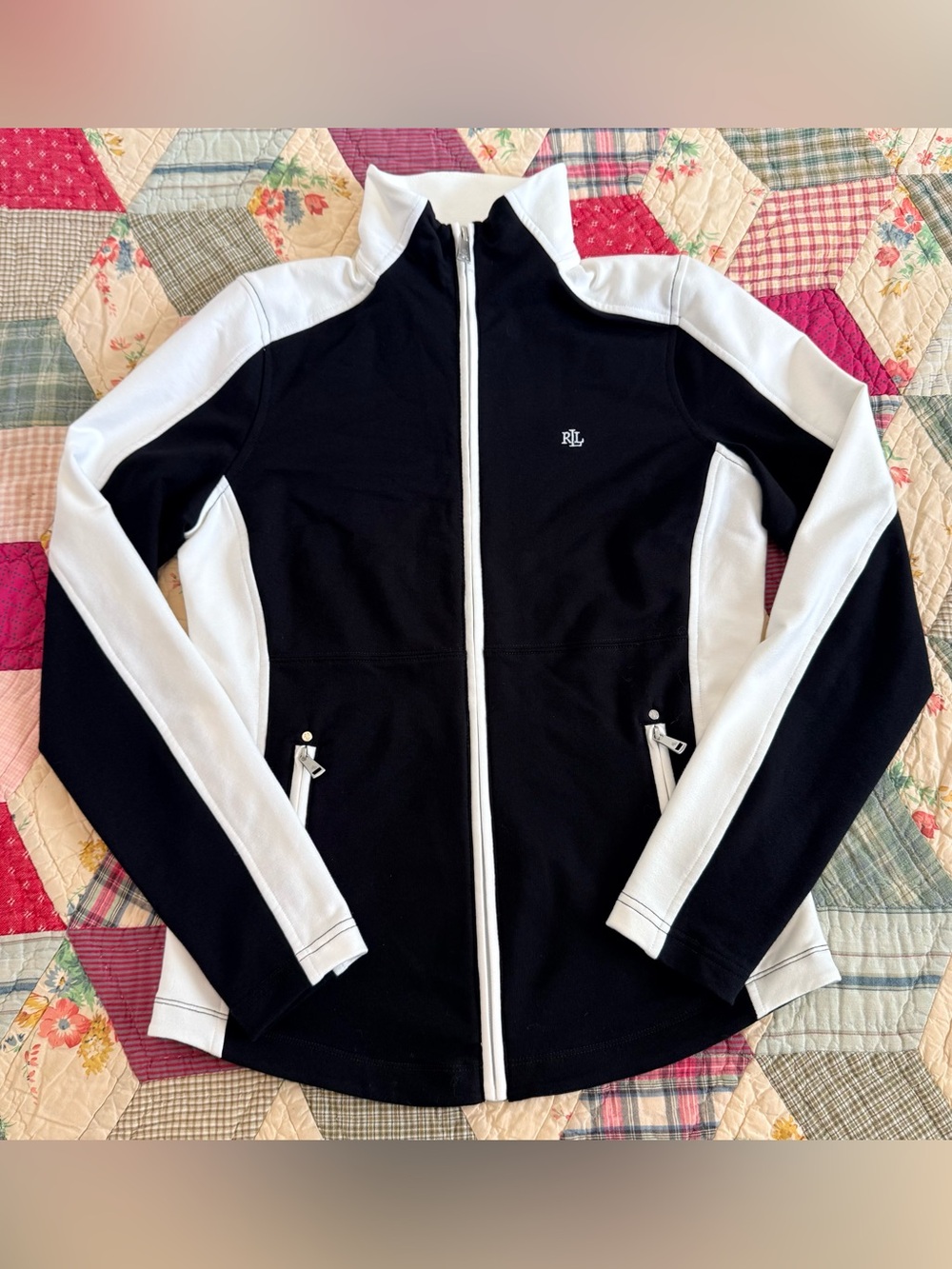 NWT Lauren Ralph Lauren Black White Colorblock Full Zip Active Jacket Small